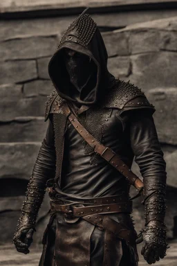 hooded man wearing studded leather armor