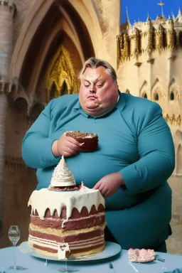 fat viktor orban eating cake in a castle