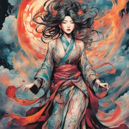 create an abstract expressionist full body illustration of a darkly magical, raggedly clothed Japanese sorceress with highly detailed and deeply cut facial features, searing lines and forceful strokes, precisely drawn, boldly inked, with rich striking sky colors