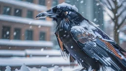 Capture a image of a crow wearing a punk leather jacket within a snowy Christmas atmosphere. Embrace a minimalist photographic style. Ensure the composition highlights the crow's distinct punk leather jacket against the backdrop of a winter Christmas ambiance, creating a captivating minimalist scene.