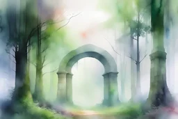 create a watercolor painting of a fantasy forest scene with a stonehenge like archway. bright and misty.