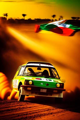 Theme or Concept: Sunrise Car Racing Event in Ethiopia Color Palette: Emphasize the colors of the Ethiopian flag: green, yellow, and red. Additionally, sunrise colors like warm oranges and yellows. Mood or Emotion: Energetic, dynamic, and celebratory Subject and Composition: Custom cars, including Fiat 131 and Fiat 128 One of the cars is jumping, adding excitement to the scene Style Preferences: Dynamic and action-oriented, with attention to car details and customizations Elements and Detai