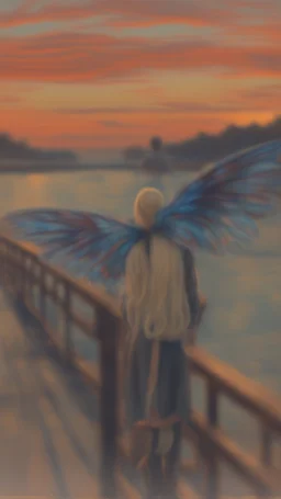 portrait with transparent angel wings like a butterfly on a bridge at sunset, a more intense "scream" that looks like the original painting by Edvard Munch, bokeh like, down-light, unreal engine, prize winning