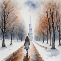 "realistic" full size a woman in a snowy avenue walking towards a white tower. There are trees along the path. The leaves are withered and brown. The sky is grey. watercolor wet on wet, romantic, detailed, award winning, colourful, focused, nikonD850