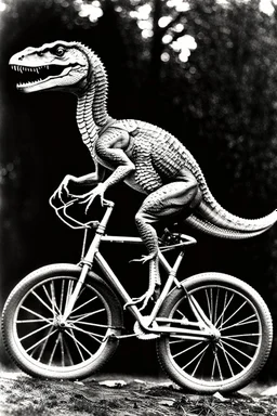 Velociraptor riding a bicycle in 1873. Photograph.