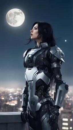 Fantasy Photo Of A Woman With Black Hair, Wearing A robot-looking suit, standing sideways On A Ledge of a building, With A waning moon Behind Her Head