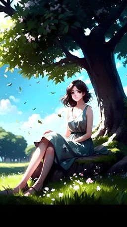 young woman sitting under a tree, in the style of anime art, highly realistic, tight dress, 32k uhd, flower and nature motifs, flickr, free, barefoot