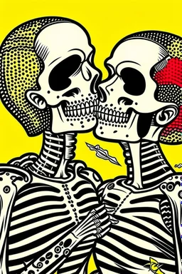 Funny Retro skeleton kiss woman valentine comic poster, in the style of Roy Lichtenstein