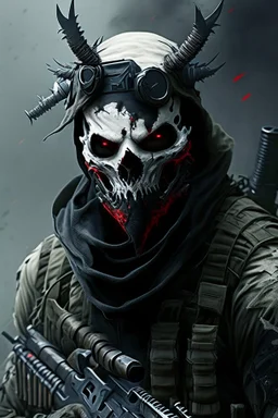 A soldier in the game modern warfare, he wears a skull mask with horns that covers his eyes. The lower half of his face is covered by a mask with a bloody fanged grin. He is a sniper, but can also run point. His call sign is Wraith. Couple