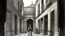 Illustration of a courtyard with a female figure, rendered in a rough, textured style reminiscent of charcoal or pastel drawings. The color palette is predominantly monochromatic, with shades of gray and hints of muted colors. The courtyard is enclosed by buildings with simple, geometric shapes and rough, weathered surfaces. There are several windows and a doorway visible, each framed with dark outlines. The ground is paved with irregular stones, adding to the textured feel of the scene. A slend