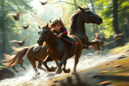 volumetric light, oil painting ,motion blur running caped long haired pixie Quickling - Forgotten Realms dodging flying rats above water and along winding branches in lush green forest along speeding horses , bokeh like f/0.8, tilt-shift lens 8k, high detail, smooth render, down-light, unreal engine, prize winning