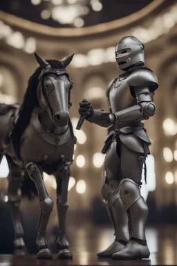 knight chat robot on horse in royal future hall ,shot on Hasselblad h6d-400c, zeiss prime lens, bokeh like f/0.8, tilt-shift lens 8k, high detail, smooth render, down-light, unreal engine, prize winning