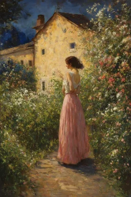 Night, vegetations, flowers, one woman, house, distant buildings, julius rose, and thomas hill paintings