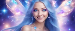 beautiful bright fairy cosmic women with cosmic long straight hair, crystal jewel and dressed with a magic crystal suit. she has light make up and a sweety smile.