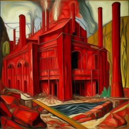 A red frantic volcanic factory with furnaces designed in Mayan architecture painted by Edvard Munch
