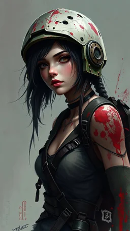 a digital painting or rendering of a female character in a post-apocalyptic or cyberpunk style. She is wearing a damaged helmet and tattered clothing, with various straps and accessories. The overall color palette is muted with splashes of red and hints of green. The style is highly detailed and realistic, with a focus on texture and detail in the clothing and character's appearance. There is no discernible question or problem presented in the image.