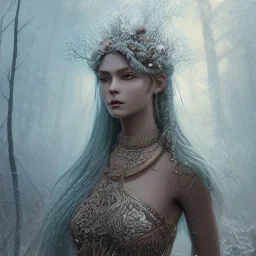 Insanely detailed photograph of an “portrait of gorgeous nordic goddess” with intricate hair, intricate embroidered dress, beautiful clear face and hyperdetailed painting by Ismail Inceoglu Huang Guangjian and Dan Witz CGSociety ZBrush Central fantasy art album cover art,8K, hdr, romantic, mysterious, ominous, snowflakes, jewelry, comfort