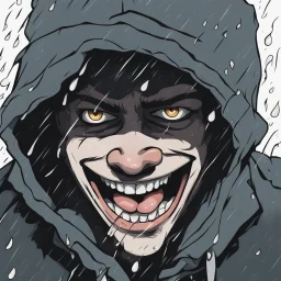 a closeup of a psychopathic young man with white eyes in a heavy coat and hood during a rainstorm laughing cartoon