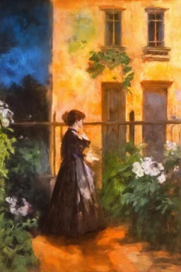 Night, vegetations, flowers, one woman, distant house, mistery, gothic horror films influence, gustave caillebotte, and gustave moreau paintings