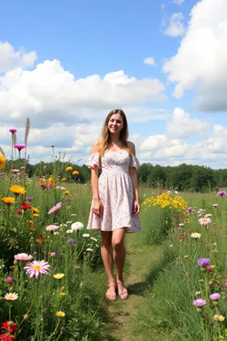 country side ,wild flowers, blosom pretty sky and cloudes a beautiful young lady standing gracefully garden