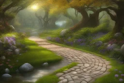  winding stone path lit river