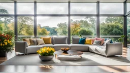 Nikon D850 with Nikkor 24-70mm f/2.8 lens at f/5.6: [Sleek, low-profile sofa in a light gray tone, positioned in front of floor-to-ceiling windows], [warm, soft natural light pours in, illuminating the room and highlighting the vibrant colors of the flower garden outside], creating [a sense of serenity and connection to nature]. High-angle perspective, focus on the sofa and the view outside, Nikon Standard Color Profile, ISO 100, 1/125s shutter speed.
