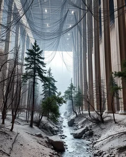 Photograph, a mass of wires, giant museum space, trees, pillars, high walls, schermi di computer, high towers in a room, rag, powder, brook, sediments, deflagration of the background, geological formation, light, architecture, minimalist, details of the terrain very accentuated, 8k, deep 3d field, sharp, brutalist, hasselblad h6d400c --ar 85:128 --v 6.0