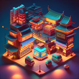 cute isometric china town, cutaway box, traditional, night lights, neon sign, hanging lanterns, electric posts with lamps, old taxis. highly detailed, made with blender, promotional brochure