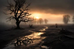 a dirty iced road next to a tree on a foggy day, depressive moody sunset background, dry tree branches scattered in mud, dark iced swamp, full white snowy landscape , doom and gloom, grey clouds, snow dawn, snowy landscape, dramatic matte painting, melancholic mood