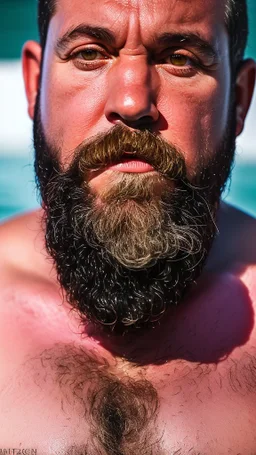 top view close up photography of a muscular chubby burly bearded marocan fisherman relaxing sunbathing sitted in a small fischer wooden boat , bulge, tattoo, ugly, 49 years old, short beard, bullneck, emotive eyes, photorealistic, 35mm lens, Canon EOS, 8k