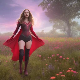 Feiticeira escarlate, Elizabeth Olsen, feiticeira, magia, rosto detalhado belo, bonita, cenário em um campo de flores, cinematográfico, dramático, por do sol, campo de flores, cores frias