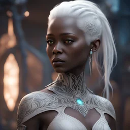 a close up of a person with white hair, cgsociety ), glowing tattoos, african female android, dmt goddess, kaizen arachimary, inspired by Nína Tryggvadóttir, still from a fantasy movie, award-winning render, automaton, by Nína Tryggvadóttir, kopera, pale pointed ears, shot with Sony Alpha a9 Il and Sony FE 200-600mm f/5.6-6.3 G OSS lens, natural light, hyper realistic photograph, ultra detailed -ar 3:2 -q 2 -s 750
