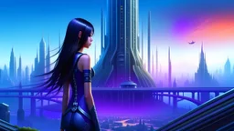 skinny sci-fi girl with long dark hair on an alien planet with tall spires, buildings, bridges, and arches