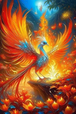 a firebird, fiery feathers that shine with silver and gold, burn with fire, a long sparkling tail burns with fire, wings like tongues of flame, eyes glow like crystals, an unusual fiery light reflects its belonging to another non-human world, in a faraway kingdom in a beautiful garden, rejuvenating apples grow in the garden, realism, light, highlights magic