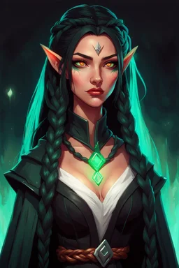 Young beautiful female Hexblood warlock character. Lightly tanned skin. Long straight jet-black hair to the waist. Half-up hairstyle with two loose Dutch braids on each side. Bright glowing pale emerald-red eyes. Delicate face. High cheekbones. Full lips. Soft smile. Slightly pointed ears. Faint dark vine-like markings on neck and collarbone. Black cloak. Realistic dark fantasy. Highly detailed. Cinematic lighting.