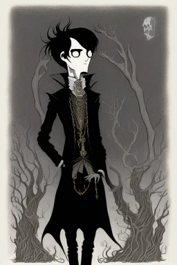 black haired young man necromancer wizard with gothic jewelry in the style edward gorey