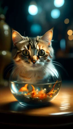 portrait of confused old cat holding a glass bowl with 2d animated gold fishes and sharks in glass nursery having grown beaks and claws, bokeh like f/0.8, tilt-shift lens 8k, high detail, smooth render, down-light, unreal engine, prize winning