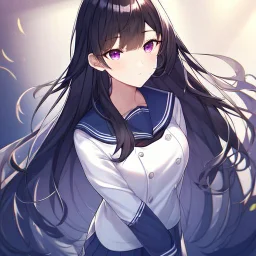 Clear focus, High resolution, Black long hair, fluffy hair, purple eyes, wearing a sailor uniform, rough line