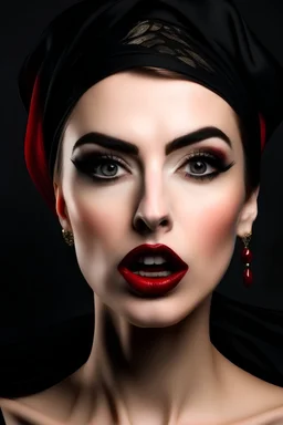 A woman wearing heavy makeup and a black headscarf is looking at the camera with her mouth open. She has brown hair, which appears to be styled in an updo. The woman's face is adorned with red lipstick, adding a bold touch to her appearance.