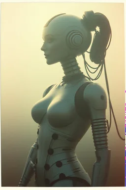 steampunk, vintage analog polaroid of a woman robot, female body, fog, lomography, heavy film grain, sun, color bleed, depth of field, bokeh, retro