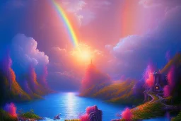 island waterfall bubble spring unicorn sunset rainbow