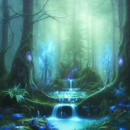 crazy detail, magical forest background, waterfall, blue but cloudy skies,close up of cute dark poet sleeping in water wearing soft robes and blue gloves,dark stone statue, lively eyes,hidden hands, framed by foliage, shiny eyes, holding up scroll