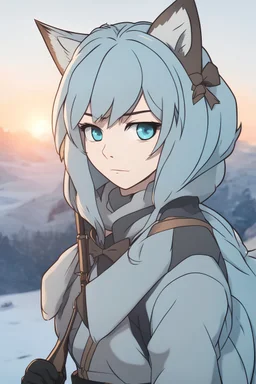 Young woman with light blue shoulder length hair, blue eyes, wolf ears on top of head, sunrise in background, holding a bow, quiver on back, RWBY animation style