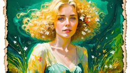 dark green background, abstract art complementary colours fine details , old torn worn paper, peeling, high grain, portrait of blonde woman , flowers in hair, acrylic, alcohol ink, fine drawing, A blonde woman in her 40s, with flowers woven into her loose, curly hair, sits in a whimsical, fairy-tale setting, surrounded by delicate swirling patterns reminiscent of the textures of old torn paper, in a vibrant, abstract style combining acrylic and alcohol ink techniques, with fine detailing that hi