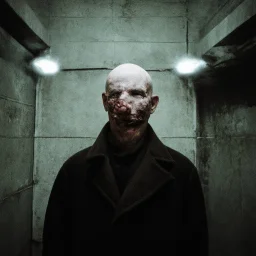 very grainy discolored photo, portrait, dark sewer with no light, grunge, 2000s Russia, punk, outcast, rough, confident, bald older male wearing a coat, extremely pale skin, large flesh bulbs grow out of his face and covering a lot of it, face is disproportionally deformed, hunchback, sewer dweller