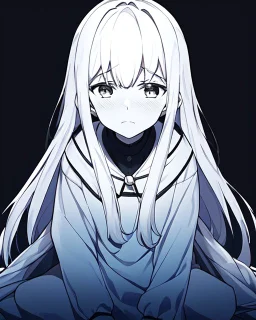 very distraught, sad, black and white, anime girl sitting with full black background