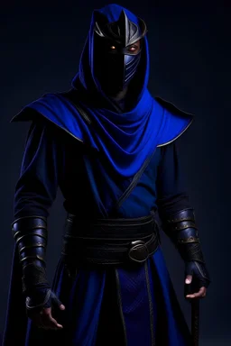 UDH, Masterpiece, Professional Photograph of 36 years old shadar-kai, warlock, dark blue and black outfit, black mask over mouth, black cowl, short sword, full body,