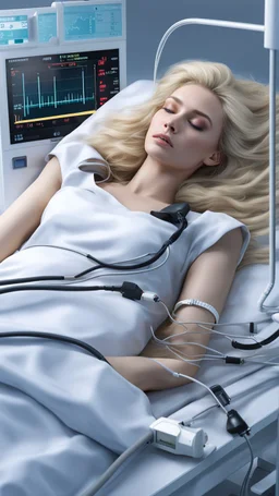 photorealistic hyperdetailed young woman with blonde hair lying asleep on a hospital bed with a heart monitor and tubes attached