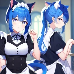 Clear Focus, High resolution, wearing a maid uniform, fluffy hair and a long ponytail, blue hair, cat ears, meowing