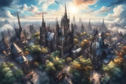 overhead shot, sprawling gothic city, steampunk, evening time , sun set, plants, blue sky, dynamic white clouds, magnificent, vibrant, hdr, 4k, 8k, watercolour , low angle shot, aesthetic, Mysterious sketch